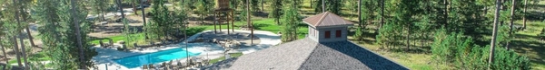 Aerial view of a pool surrounded by trees